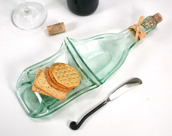 Light Blue Green Wine Bottle XL Chip and Dip Snack Bowl with Cork Raffia Spreader Recycled Melted Wine Bottle Succulent Planter Christmas