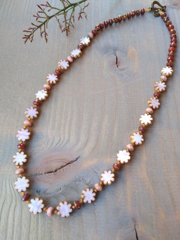 Pink Crystal Flower Beaded Necklace Flower Bead Necklace Etsy