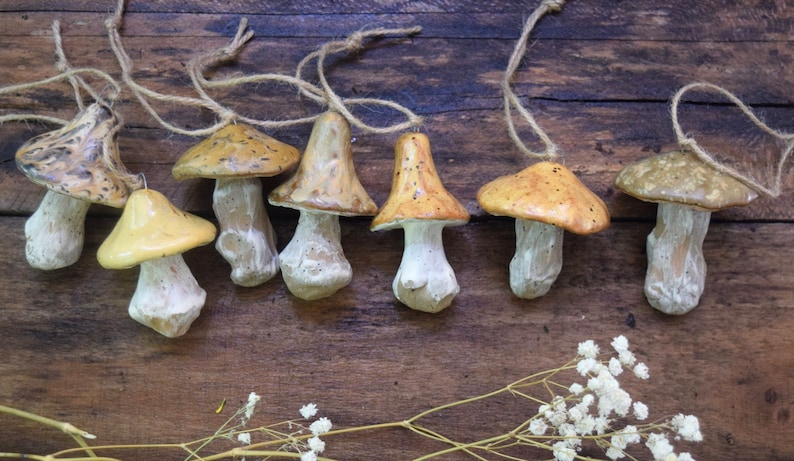 May include: A set of eight ceramic mushroom ornaments with brown and white speckled caps and stems. The ornaments are strung with twine and ready to hang.