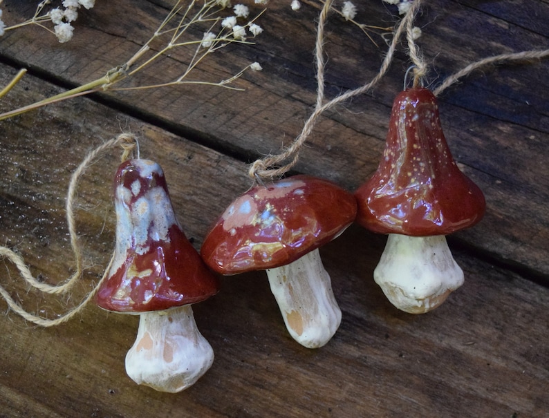 May include: Three ceramic mushroom ornaments with brown and white speckled glaze. The mushrooms are hanging from twine and are displayed on a wooden surface.