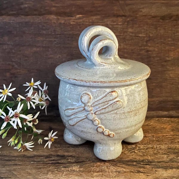 Mini/Small Ceramic Dragonfly Jar:  4 ounce, Trinkets, Woodland Decor (Item #128)