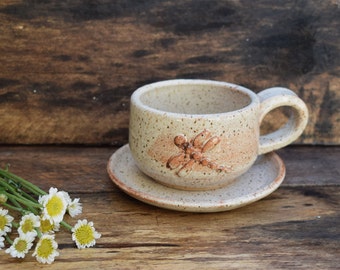 Ceramic Dragonfly Cup and Saucer: Coffee, Tea, Cappuccino, Cortado Cup 6 oz.