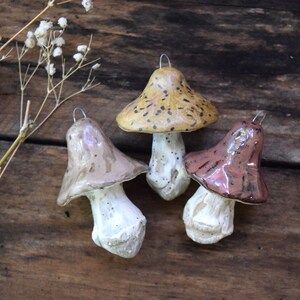 May include: Three ceramic mushroom ornaments with different colored and patterned caps. The mushrooms are white with brown speckles and have a hanging loop.