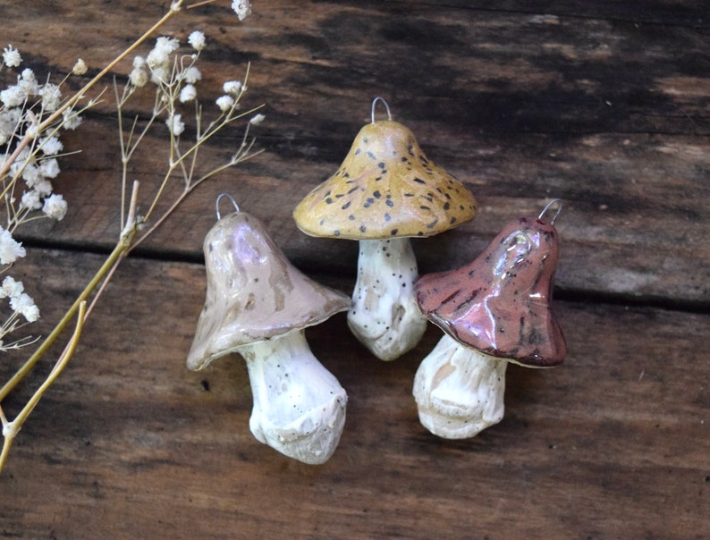 May include: Three ceramic mushroom ornaments with different colored and patterned caps. The mushrooms are white with brown speckles and have a hanging loop.