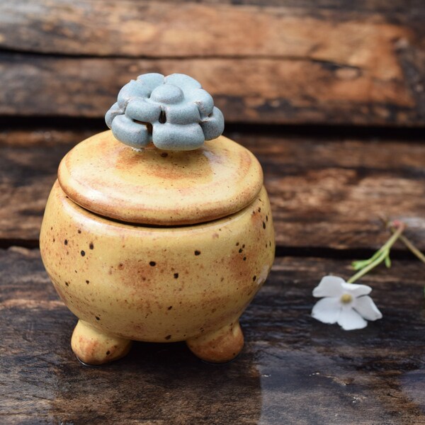 Mini Ceramic Jar with Flower Top Lid; Trinkets, Decor (#260)