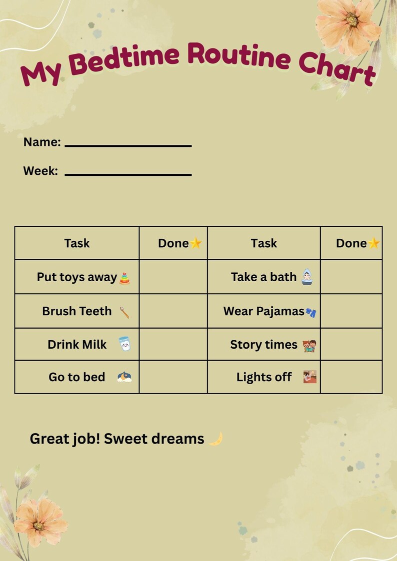 Kids Bedtime Routine Chart Printable - Etsy