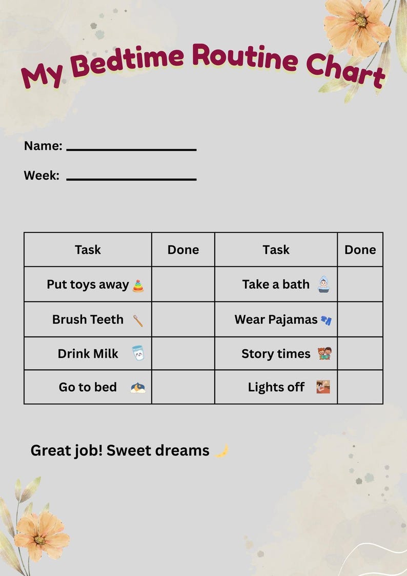 Kids Bedtime Routine Chart Printable - Etsy