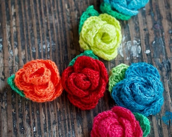 Set of 6 Crocheted Linen Roses - Embellishments -- neon