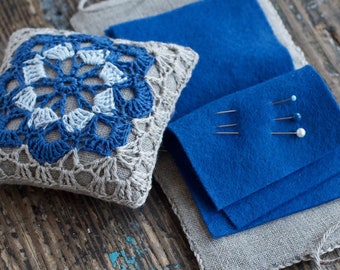 Gift set -- linen pincushion and needle book -- crocheted detail