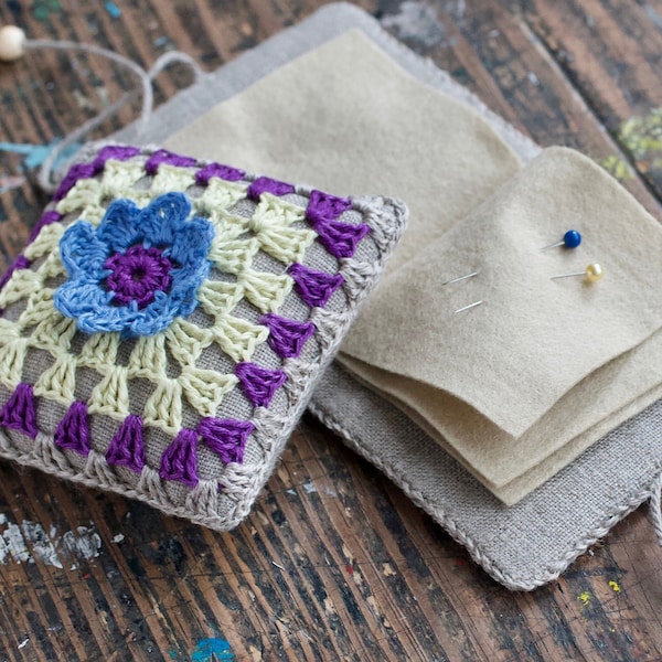 Gift set -- linen pincushion and needle book -- granny square