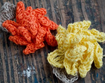 Crochet Linen Flowers Brooches -- set of 2 - yellow and orange