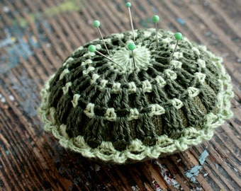 Linen  pincushion - crochet motif -- round