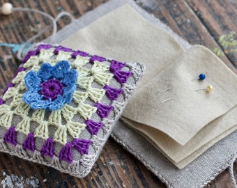 Gift set -- linen pincushion and needle book -- granny square