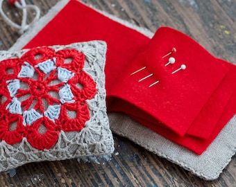 Gift set -- linen pincushion and needle book -- granny square