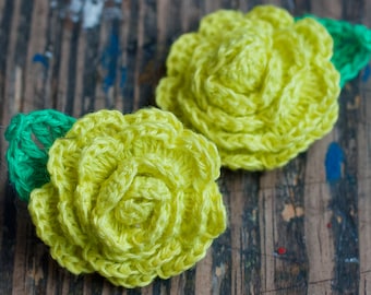 Crocheted Linen Flowers Brooch -- neon yellow