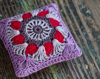 Linen  pincushion - crochet motif