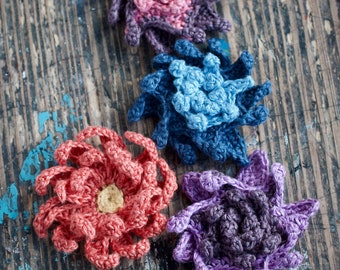 Crochet Linen Flower Star Brooch - purple, red, blue