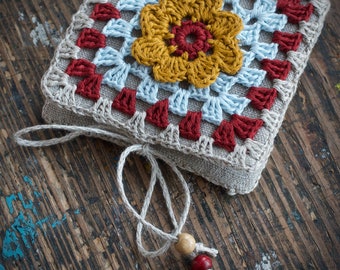 Small Linen Needle Book with Crochet detail -- Granny Square