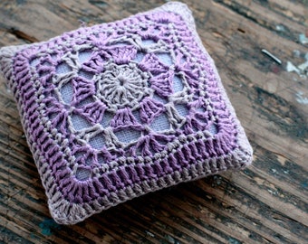 Linen  pincushion - crochet motif