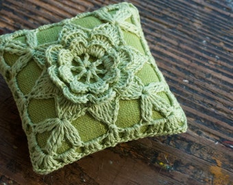 Linen  pincushion - crochet motif