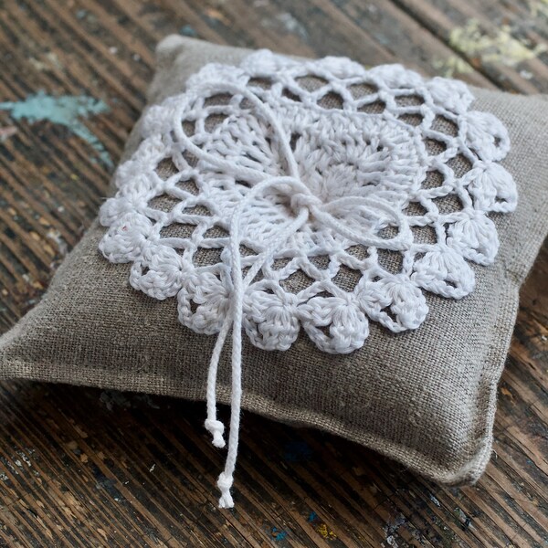 Linen Ring Bearer Pillow in Natural with Hand Crocheted Detail