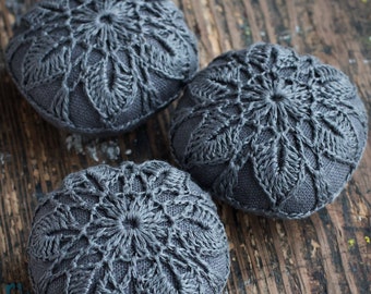 Linen  pincushion - crochet motif -- dark grey