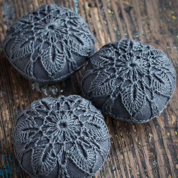 Linen  pincushion - crochet motif -- dark grey