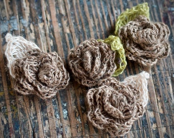 Set of 4 Crocheted Linen Roses - Embellishments