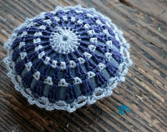 Linen  pincushion - crochet motif -- round