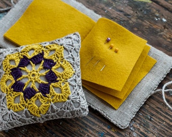 Gift set -- linen pincushion and needle book -- granny square