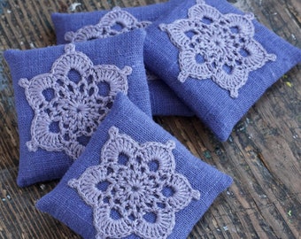 Lavender sachets -- crochet motif -- set of 4