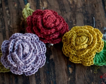 Crochet Linen Flowers Brooches -- set of 3