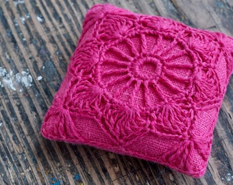 Linen  pincushion - crochet motif -- fuchsia