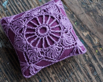 Linen  pincushion - crochet motif