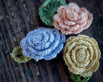 Crochet Linen Flowers Brooches -- set of 3