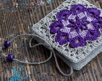 Small Linen Needle Book with Crochet detail -- Granny Square