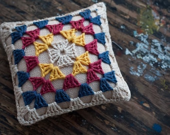 Linen  pincushion - crochet motif