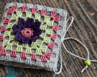 Small Linen Needle Book with Crochet detail -- Granny Square