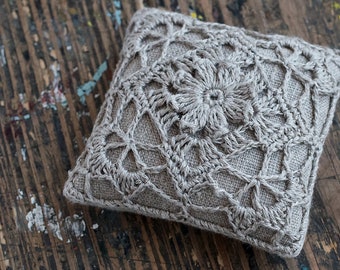 Linen  pincushion - crochet motif