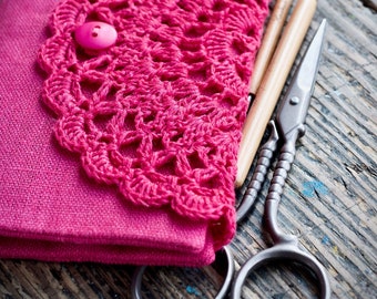 Linen Crochet Hook Case - Holder - Organizer -- fuchsia