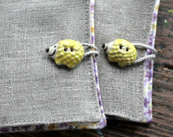 Small Linen Needle Book - ceramic Hedgehog button