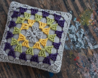 Linen  pincushion - granny square