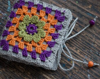 Small Linen Needle Book with Crochet detail -- Granny Square