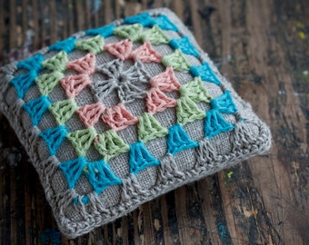 Linen  pincushion - granny square