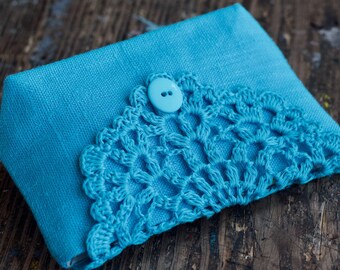 Linen clutch, pouch, purse, makeup bag -- crocheted detail closure