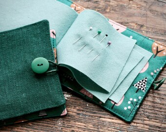 Small Linen Needle Book - green trees