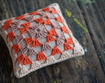 Linen  pincushion - crochet motif