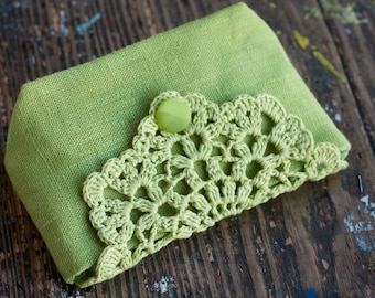 Linen clutch, pouch, purse, makeup bag -- crocheted detail closure