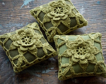 Linen  pincushion - crochet motif -- moss