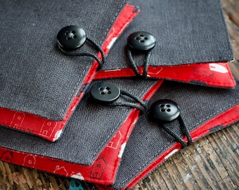 Small Linen Needle Book - red houses